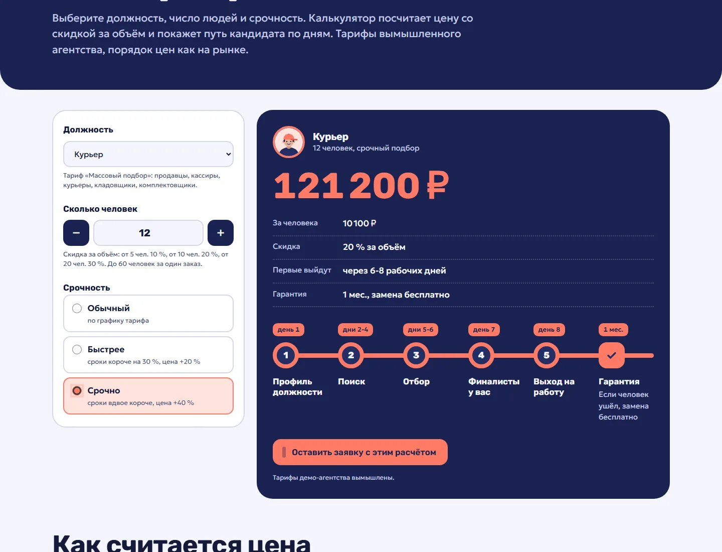 Калькулятор стоимости: 12 курьеров срочно, цена, скидка и путь кандидата по дням