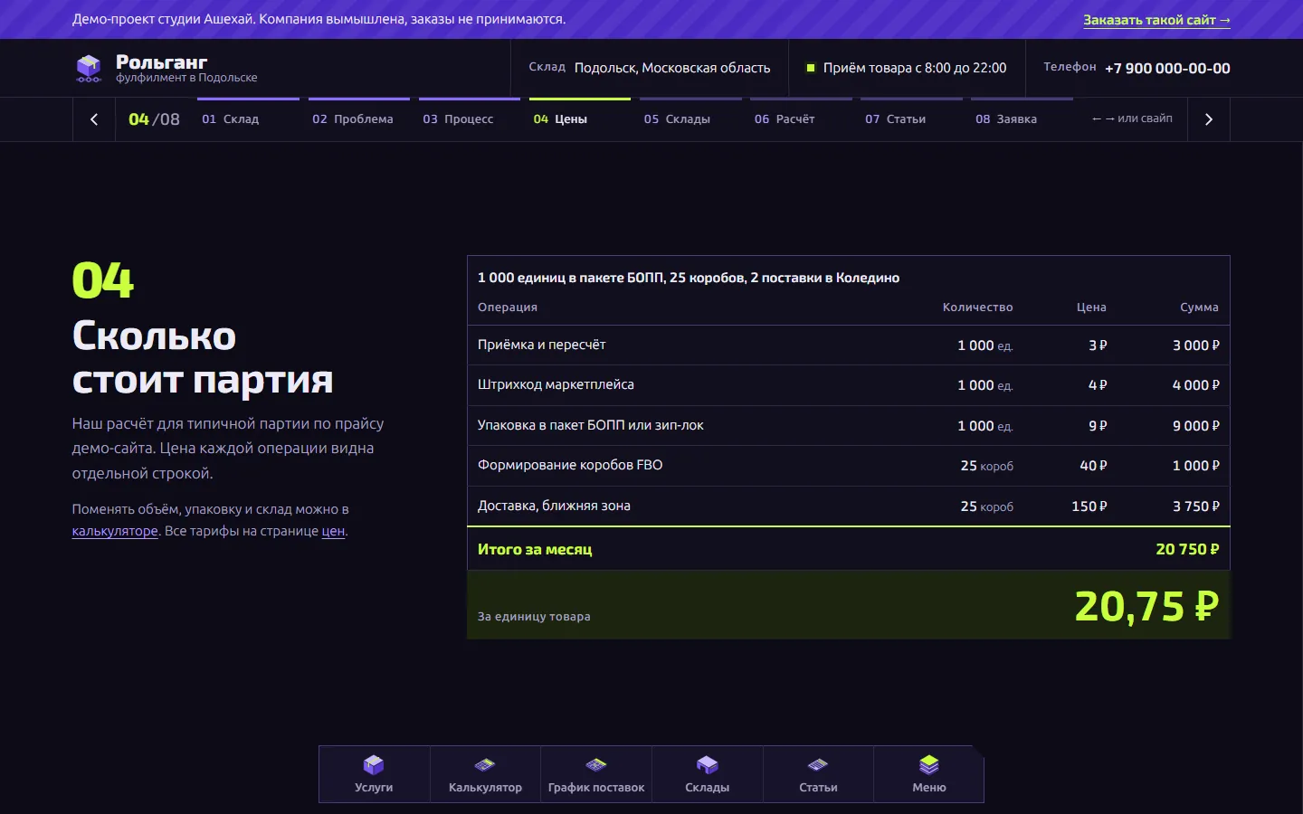 Slide 04 “What a batch costs”: a typical batch by price list line, the monthly total and the cost per unit