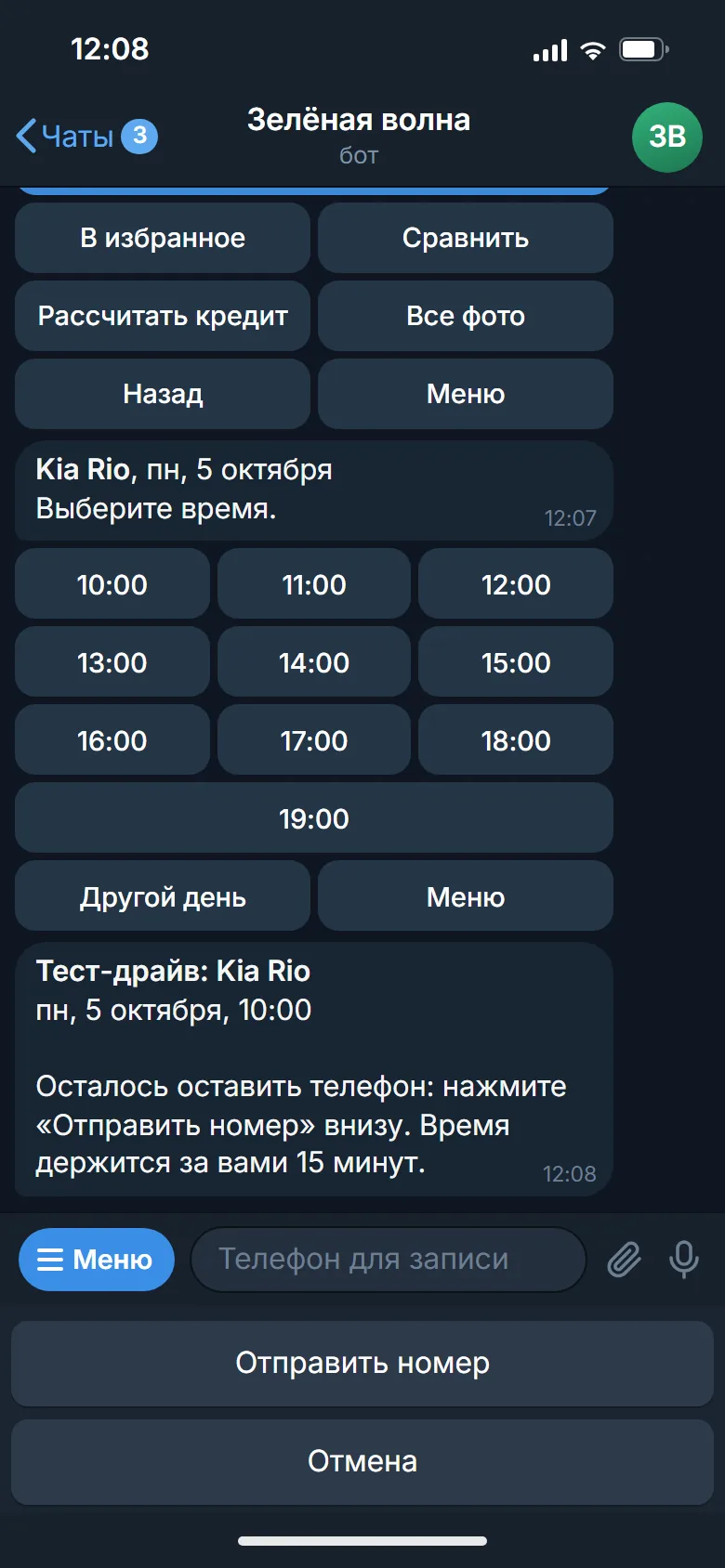 Picking a test drive time and the request for a phone number, a mockup of the bot screen